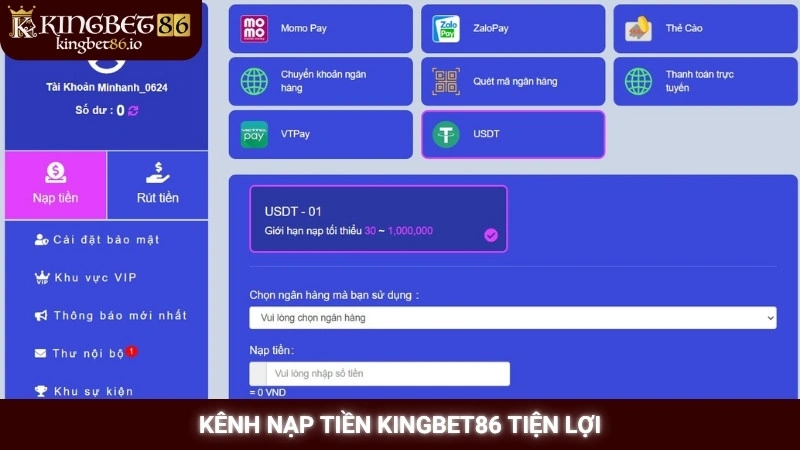 Kênh nạp tiền Kingbet86 tiện lợi