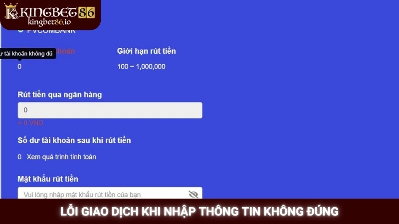 Lỗi giao dịch khi nhập thông tin không đúng